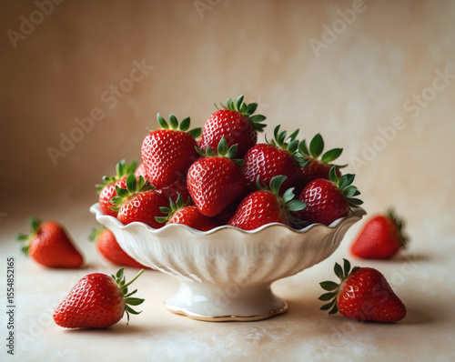 Freshly picked strawberries in a delicate bowl on a warm, textured background, evoking a sense of summer's bounty and sweetness