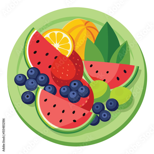 Flat vector of fresh fruit platter with watermelon and berries, white background
