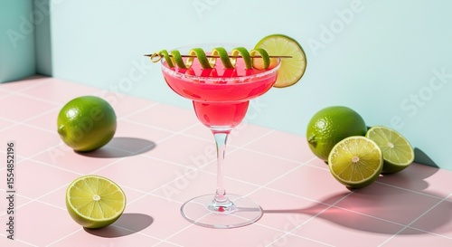 A refreshing pink cocktail garnished with lime spiral and slice, styled on a pastel pink and mint background for a modern summer vibe.