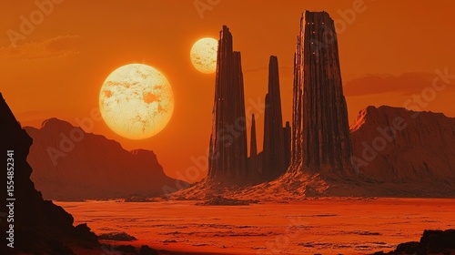 Vast alien desert, two suns in the sky, tall spires of rock, barren landscape, desolate yet beautiful, style of motif sci-fi, architecture style organic, color scheme burnt oranges.