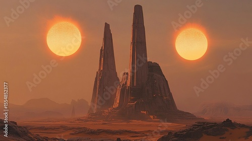 Vast alien desert, two suns in the sky, tall spires of rock, barren landscape, desolate yet beautiful, style of motif sci-fi, architecture style organic, color scheme burnt oranges.