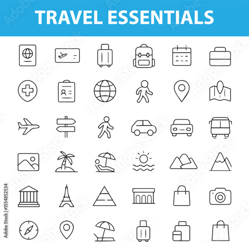 Travel Essentials Line Icons, Airplane, Passport, Map, Suitcase, Hotel, Location Pin, Camera, Navigation, and More , Editable Formats: AI, EPS, JPG, PNG , Ideal for Both Digital and Print Use

