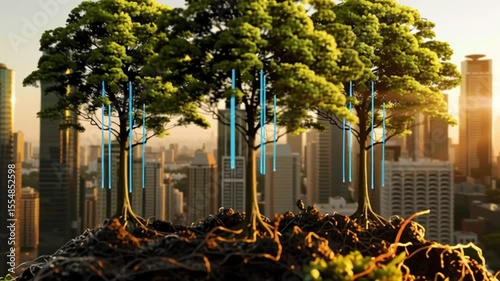 Urban skyline with greenery and trees, showcasing natures growth and harmony within city environment.