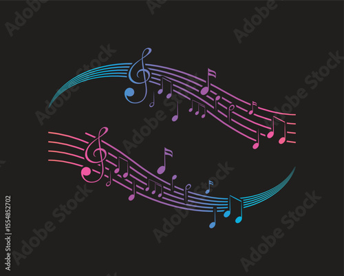 Musical notes stave line pattern symbols icon for staff and music note theme Transparent background wave Piano, jazz sound notes