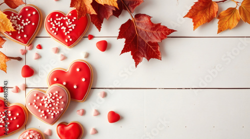 Heart-shaped cookies adorned with festive sprinkles amidst vibrant autumn leaves on a rustic wooden table