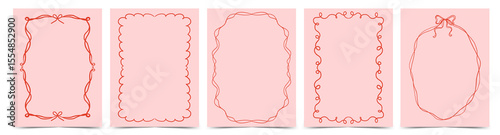 Set of doodle hand drawn trendy coquette frames with bows, ribbons. Minimalist vintage whimsical borders. Modern vector design template for wedding invitation, birthday card, print, holiday poster.