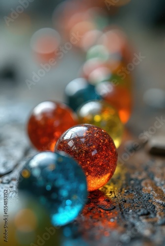A line of colorful marbles stretches across a reflective surface, bathed in soft daylight. Their textures and hues evoke nostalgia and whimsy, vertical composition