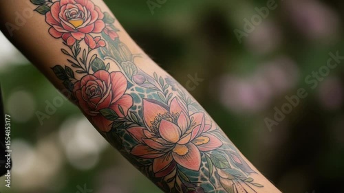 Vibrant floral tattoo on a forearm amidst a blurred natural background, showcasing intricate designs