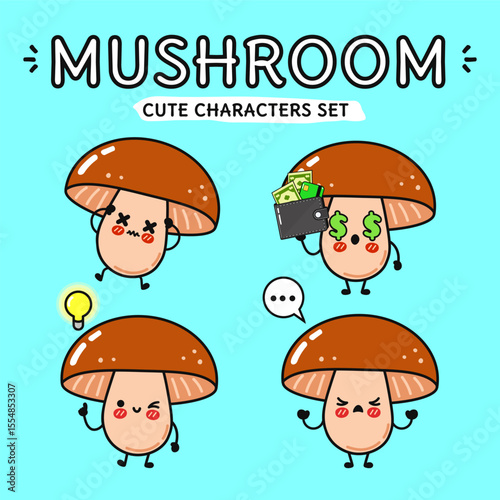 Adorable cartoon Mushroom characters express different emotions and hold props.