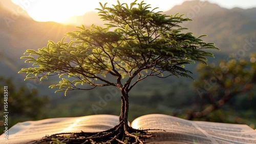 Miniature Tree Grows from Open Book, Symbolizing Knowledge and Natures Growth Under Sunlight in Serene Landscape