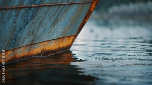 Close-Up of Waterline Details and Scuff Marks on Steel Hull of Boat in Calm Water