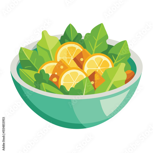 Clean vector of Caesar salad with croutons, white background
