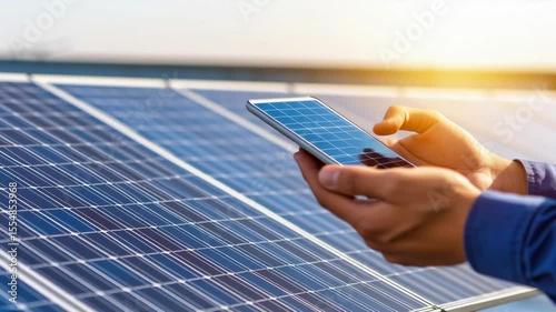Person Using Smartphone Near Solar Panels Under Clear Blue Sky on Bright Sunny Day