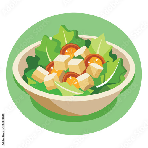 Clean vector of Caesar salad with croutons, white background