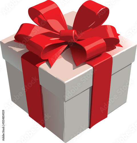 A white gift box with a red ribbon and bow is isolated on white background