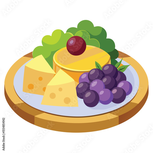 Flat vector of fresh fruit platter with watermelon and berries, white background