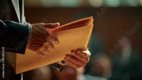 Close-up of a lawyer passing important evidence in a folder to the court during a trial
