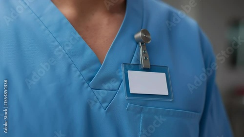 Close Up of Male Nurse ID Badge Clipped to Crisp Blue Scrubs for Healthcare Context
