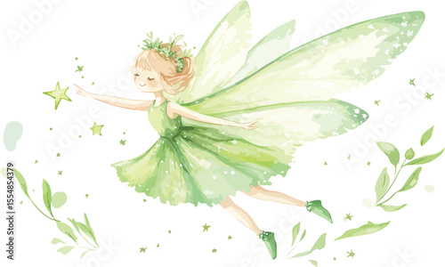 Watercolor Illustration of a Cute Green Fairy Reaching for a Star Surrounded by Leaves and Sparkling Stars Perfect for Children s Books and Fantasy Designs
