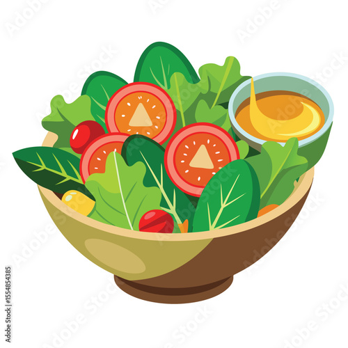 Fresh garden salad vector with vinaigrette dressing, white background
