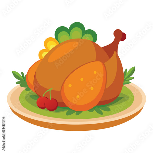 Roasted turkey with garnish vector, white background