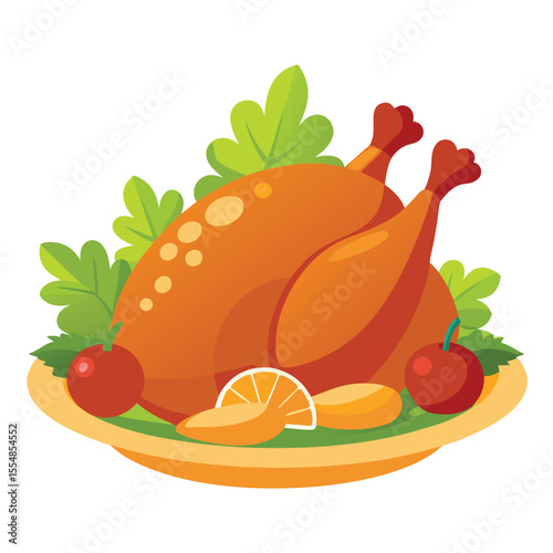 Roasted turkey with garnish vector, white background