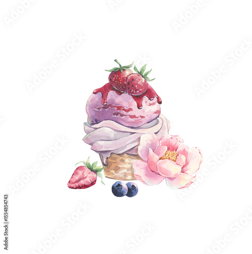 Fototapeta Naklejka Na Ścianę i Meble -  Ice cream in a waffle cup with strawberries decorated with berries and a pink flower in watercolor