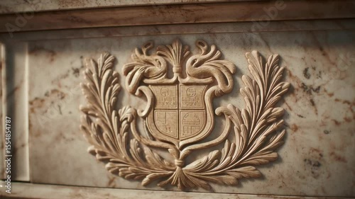 Detailed View of Carved Emblem on Marble Podium in Courthouse Setting