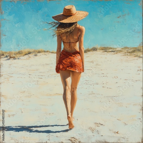 A painting of a woman walking on a beach