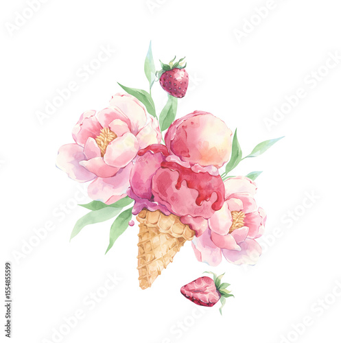 Fototapeta Naklejka Na Ścianę i Meble -  Pink scoop ice cream in a waffle cone on a background of pink flowers in watercolor