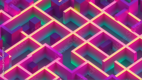 Isometric maze background with neon colors, abstract labyrinth illustration for web and print design
