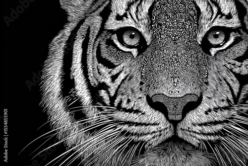 Black and white tiger face vector illustration on a black background
