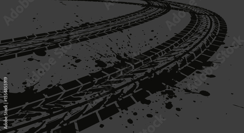 Dynamic Tire Tracks with Mud Splatters on Asphalt, Creating a Bold Impression