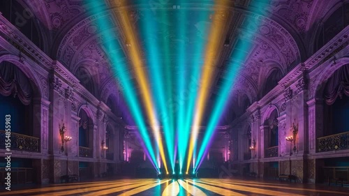 Vibrant light beams illuminate an ornate hall, showcasing its grand architecture and ambiance