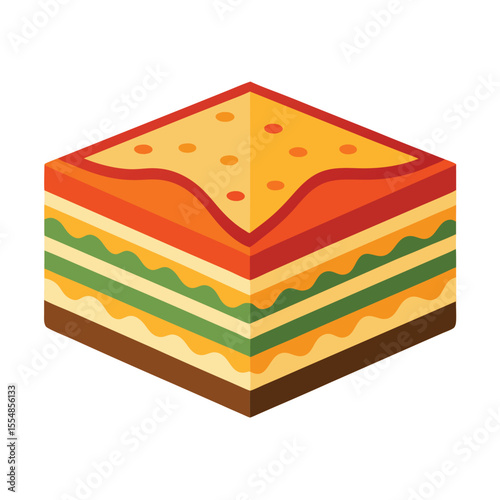 Icon-style vector of lasagna slice with cheese layers, white background