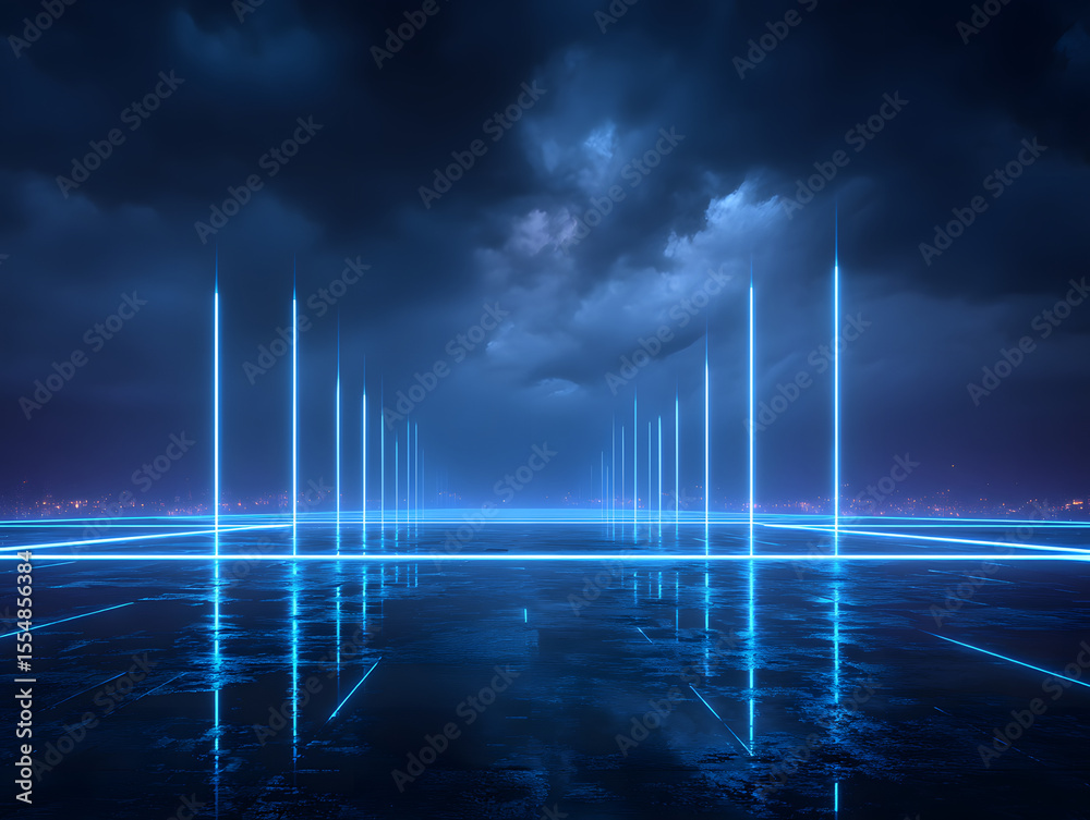 Photo of abstract blue night city background with geometric lights and storm clouds Photo of abstract blue night city background with geometric lights and storm clouds