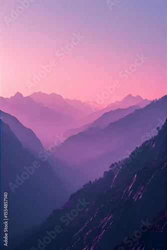 ia generated. Snowy mountain at sunset with pink and purple tones
Mountain landscape with a snowy peak illuminated by sunset light in warm pink and violet tones.

