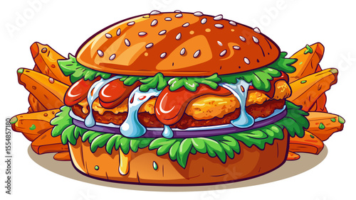 Crispy fried chicken tossed in spicy buffalo sauce sits on a soft brioche bun. A layer of creamy blue cheese dressing drips down the side, and crunchy lettuce peeks out. The red-orange glaze of the 