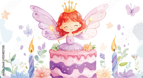 Pink fairy cartoon illustration of a cute Easter bunny with Easter eggs and a bouquet of flowers, featuring a magical character with delicate wings