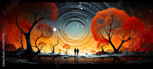 pop surreal unreal silhouettes spiral towards flower, ai generatif