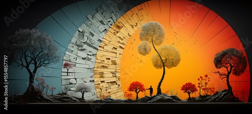 pop surreal unreal silhouettes spiral towards flower, ai generatif