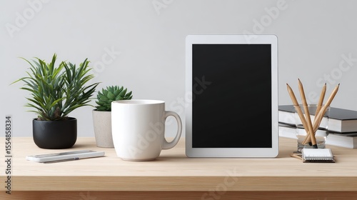 Modern Minimalist Workspace with Tablet Mug Pencils and Plant Generative Ai