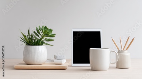 Modern Minimalist Workspace with Tablet Mug Pencils and Plant Generative Ai