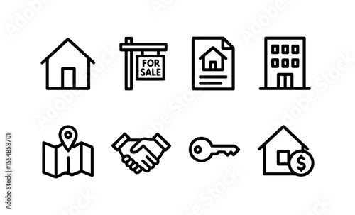 Real estate icons set: house, for sale sign, document, building, map, handshake, key, dollar