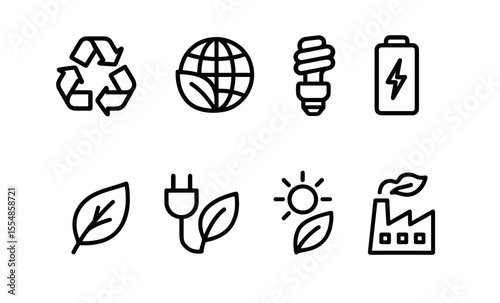 Eco-friendly icons: sustainability, renewable energy, recycling, and green technology