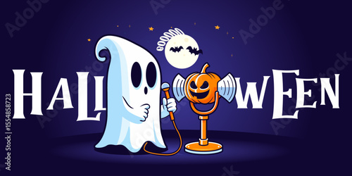 Happy Halloween party greeting card with cute ghost. Spooky banner template. Halloween Promotion Poster. HHalloween night banner. Halloween poster with ghost. Halloween concept. Spooky night flyer