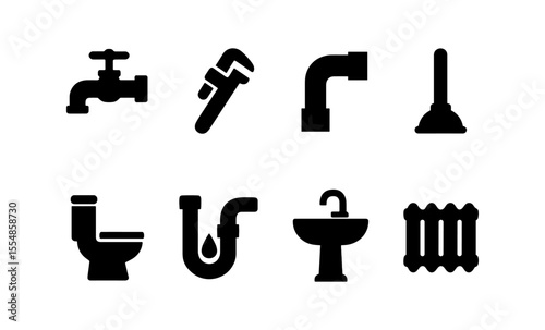 Plumbing icons set: tools, fixtures, pipes, and equipment for home repair and maintenance