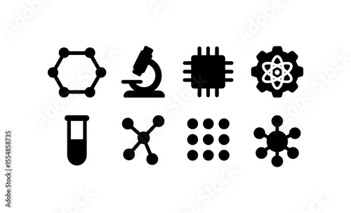 Science icon set: molecule, microscope, microchip, atom, test tube, chemistry, scientific symbols