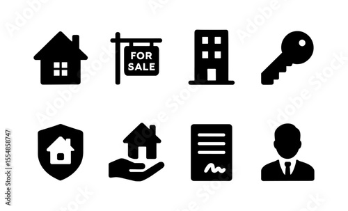 Real estate icons: home, for sale, building, key, contract, realtor