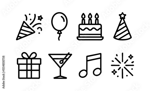 Celebration icons: party hat, balloon, birthday cake, gift, cocktail, music note, fireworks, confetti